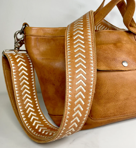 Wide Leather Embroidered Shoulder Strap