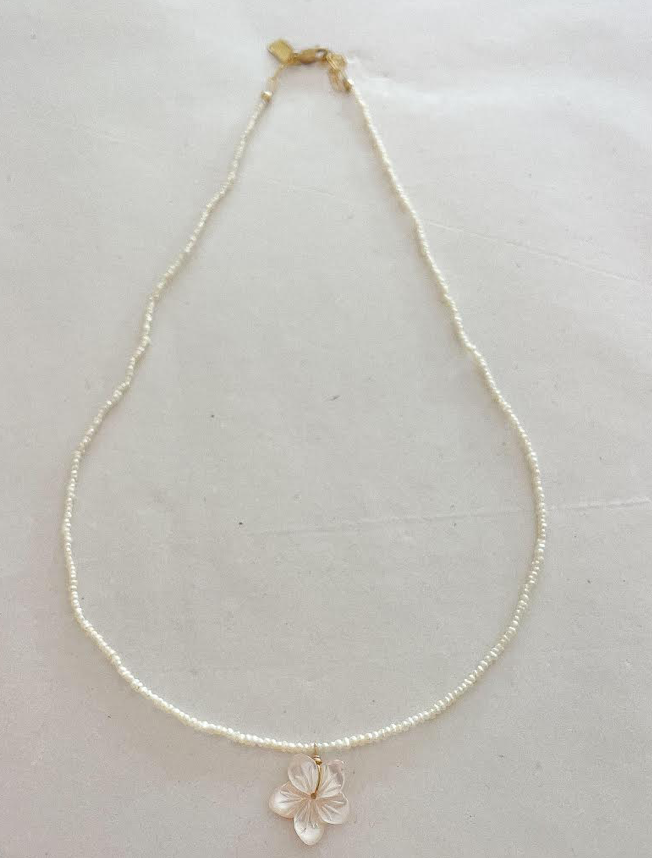 Lei Tiny Pearl and Plumeria Necklace