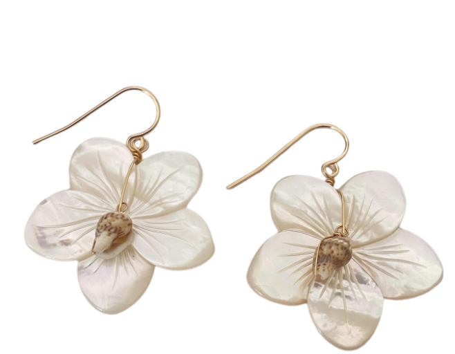 Mother of Pearl Plumeria + Shell Earrings